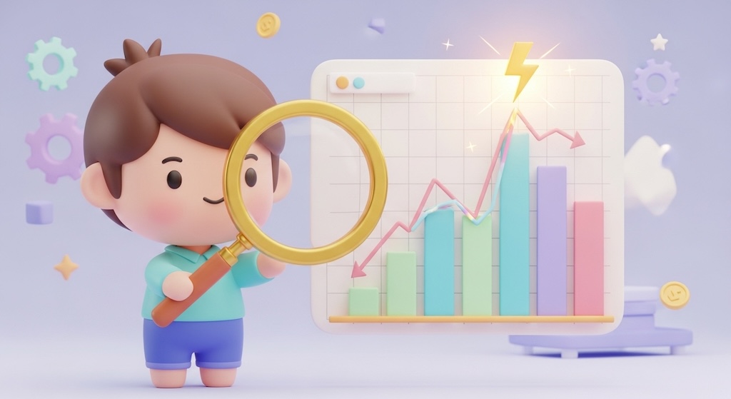 チャートの急落箇所のすぐ隣に光る稲妻を虫眼鏡で観察するイラスト