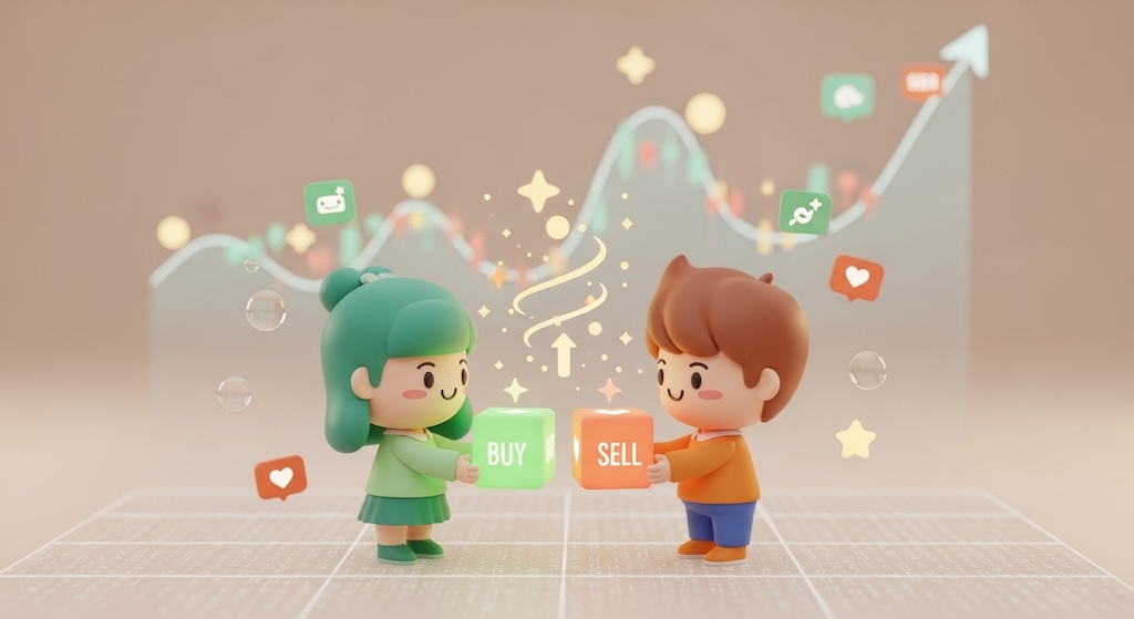 買い手と売り手の注文が交差する株式市場のイメージ図。パステルカラーのフラットなデザイン。