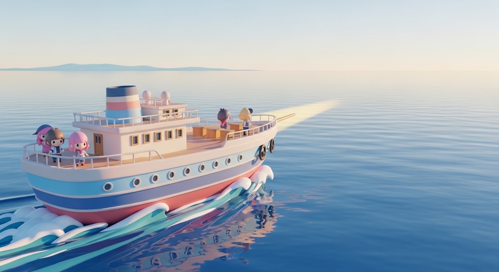 広い海を航海する大きな船と、足元で小さく揺れる波のイメージ図。長期的な視点の重要性を表現。