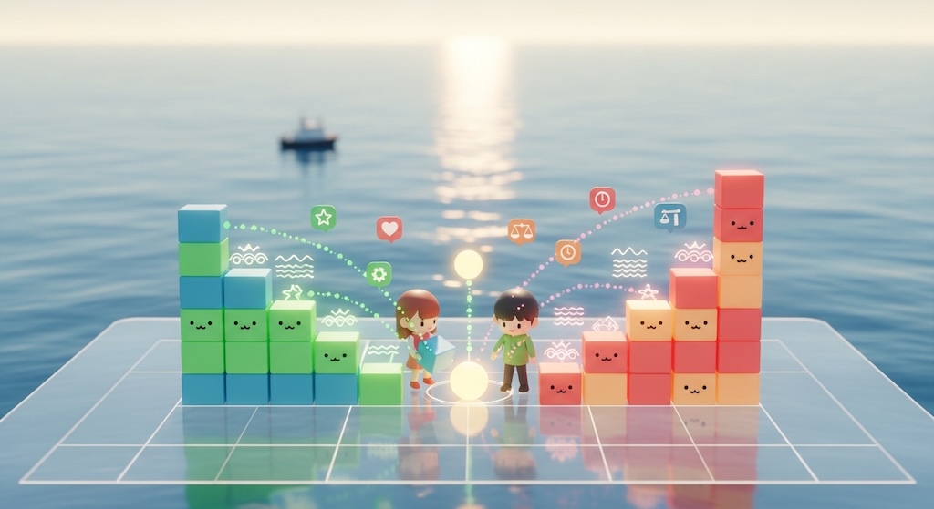 株式市場の「板」を概念化したイメージ。左側の緑・青のブロック（買い注文）と右側のピンク・オレンジのブロック（売り注文）が中央で出会い、現在の株価を表す黄色い光の玉を構成している。ピンクと緑の服を着たデフォルメキャラクターがブロックを積み、背景には穏やかな海と遠くに船が見える。