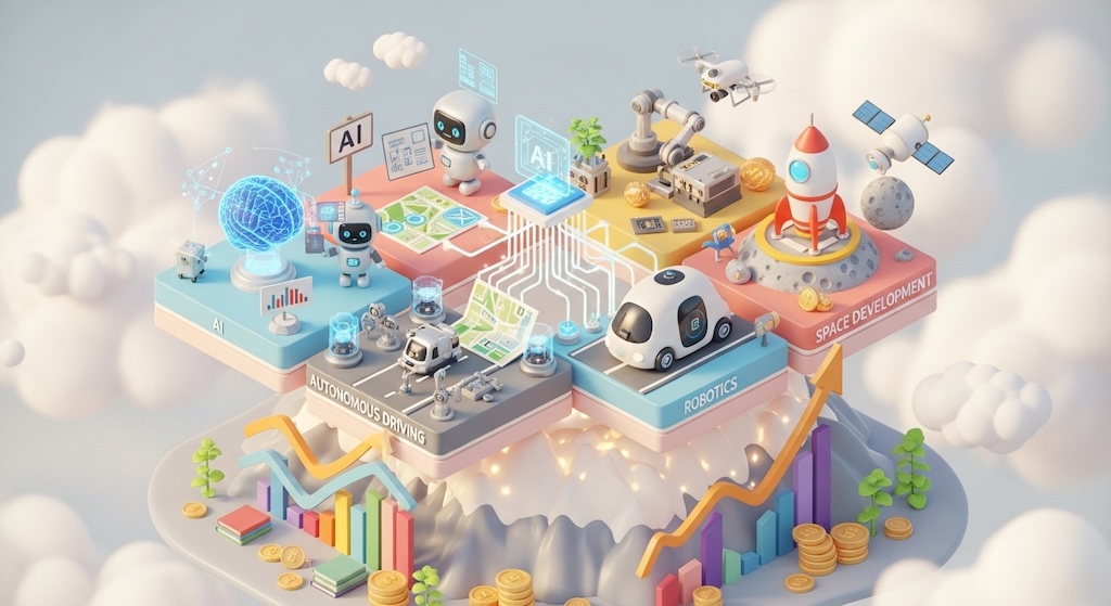 AI、自動運転、ロボティクス、宇宙開発の4つの先端技術セクションが融合した、浮遊するテクノロジー・プラットフォームの3Dイラスト。テーマ型投資信託をイメージし、おもちゃのような質感と柔らかなパステルカラーで描かれた未来的なアイキャッチ画像。