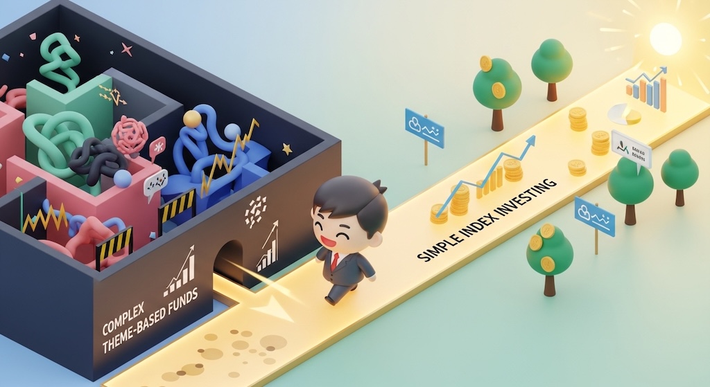複雑な迷路（テーマ型投信）を抜け出し、シンプルで光り輝く一本道（インデックス投資）を自信を持って歩む、デフォルメされた可愛らしい会社員の3Dアイソメトリックイラスト。背景には成長する木や右肩上がりのグラフが描かれ、明るいパステル調のデザイン。