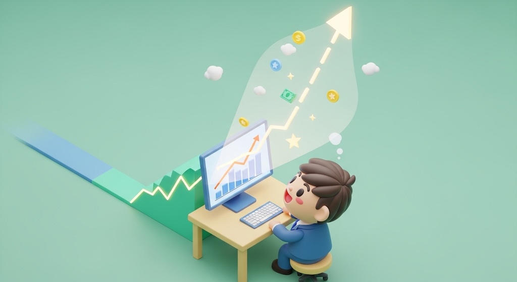 モニターに映る「過去の右肩上がりのグラフ（実線）」の終点から、空に向かって「さらに急角度で伸びる想像上のグラフ（点線）」を笑顔で見上げている、デフォルメされた可愛らしい会社員の3Dイラスト。最近の成功が今後も際限なく続くと錯覚する「直近バイアス」の心理を、現実のデータと過剰な期待の対比で分かりやすく表現したパステル調のデザイン。