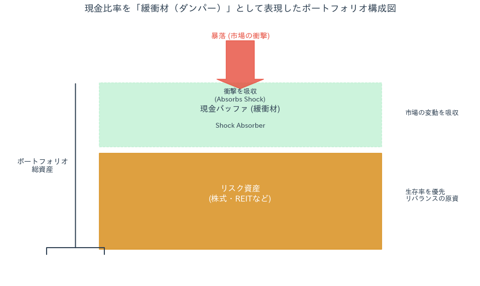 リスク資産と現金を組み合わせ、暴落の衝撃を吸収するポートフォリオのイメージ図