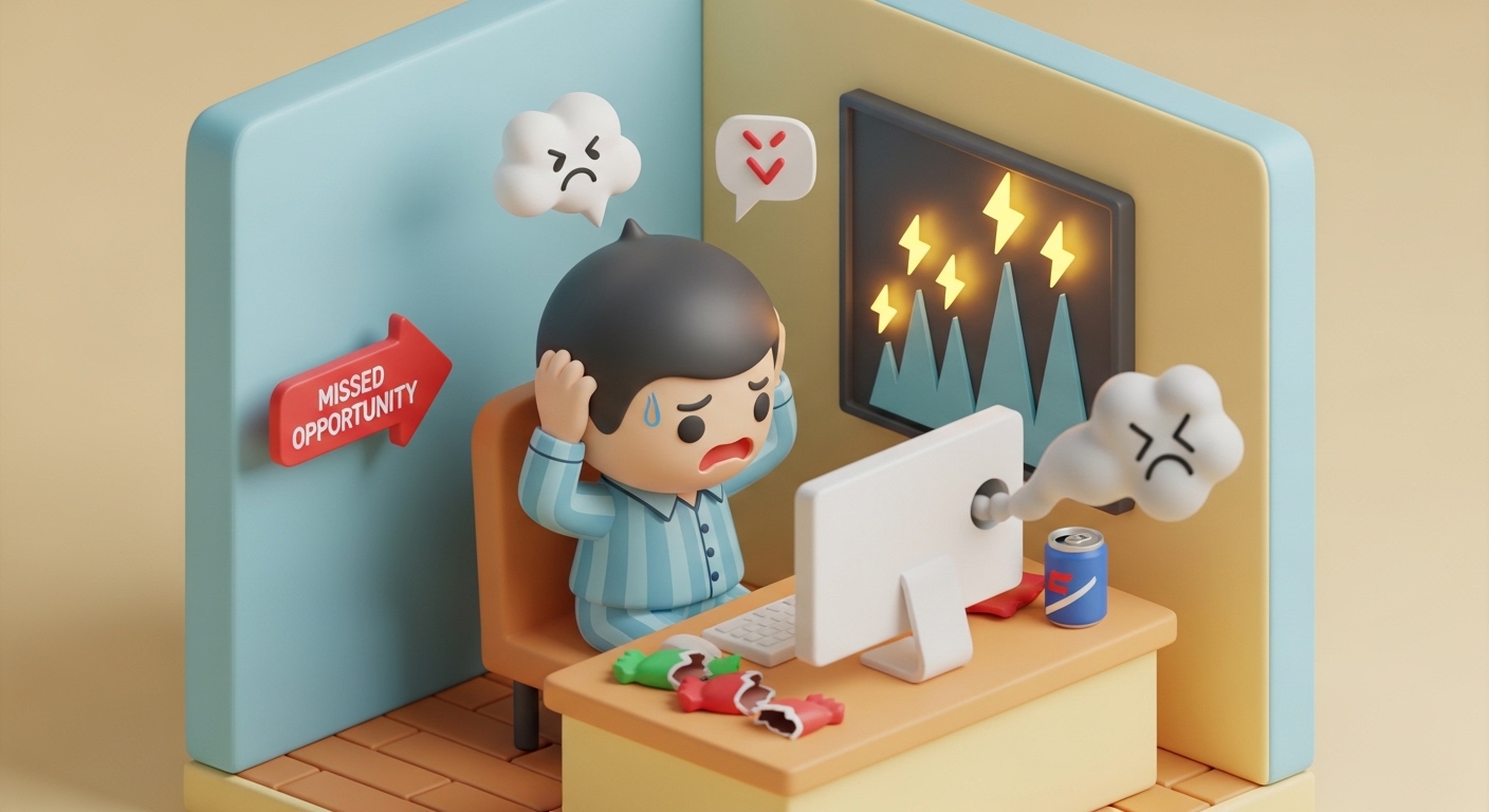 PC画面に表示された「市場の急騰（稲妻）」を逃し、頭を抱えて残念がる投資家をコミカルに描いた、3Dデフォルメの可愛らしいイラスト。