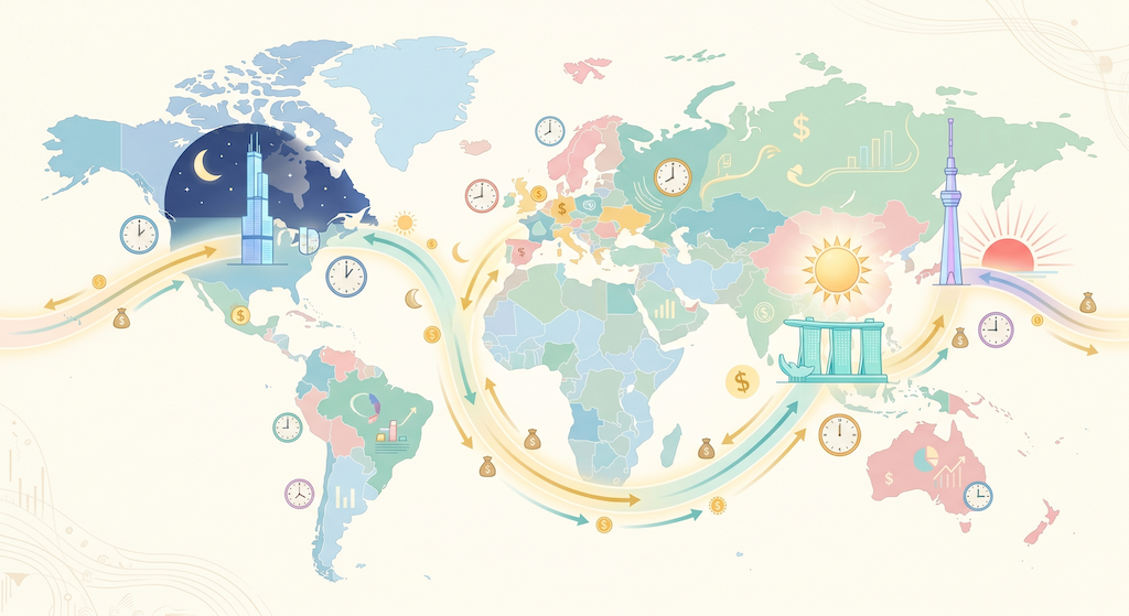 世界の主要な証券取引所の所在地とタイムゾーンを示した地図のイラスト。市場がリレー形式で24時間動いている様子を表現している