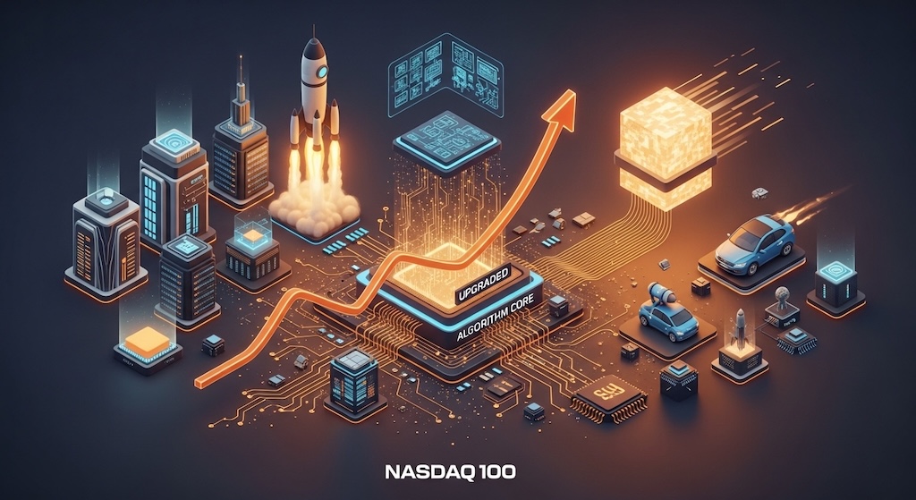 化したNASDAQ100の銘柄選定システムを象徴する3Dイラスト。より複雑にアップデートされた中央のアルゴリズム・コアから力強い上昇トレンドが伸び、新たな成長企業を示すデータブロックが即座に同期される様子を、洗練されたテック要素と共にオレンジとアンバーのカラーで描いています。