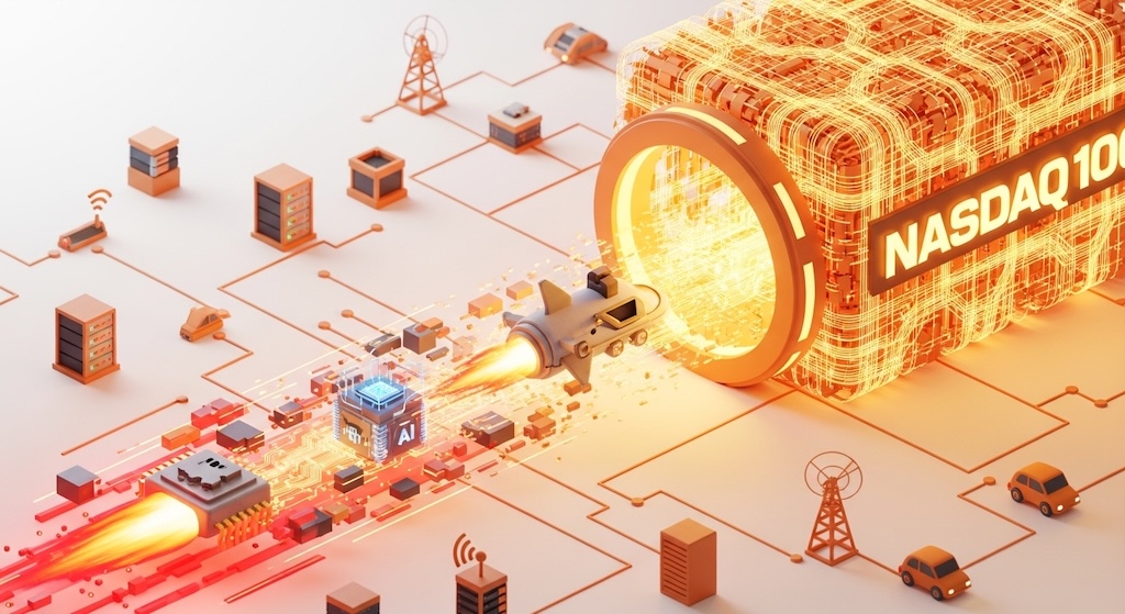 次世代の成長を担うマイクロチップやAIコア、ロケット型のテック要素が、超高速のデータストリームに乗ってNASDAQ100を象徴する巨大なデジタルコンテナへ直接飛び込んでいく様子を描いた3Dイラスト。