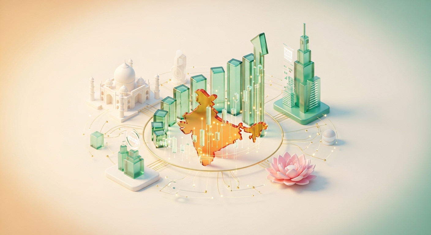 インド地図と上昇グラフ、タージマハル、近代的なビルを組み合わせたアイソメトリックな図解。インド株式市場の成長と運用の透明性を象徴するデザイン