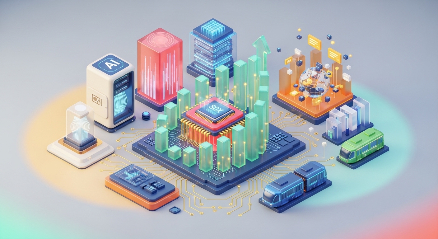 半導体セクターの成長を象徴する、マイクロチップとシリコンウェハーを中心とした等角投影図（アイソメトリック）の3Dイラスト。半透明なブルー、コーラルピンク、オレンジのガラス素材で構成されたサーバーラックやデータセンターが、光り輝く回路網で接続され、周囲を右肩上がりのミントグリーンのグラフが囲んでいる、清潔感のある近未来的なデザイン