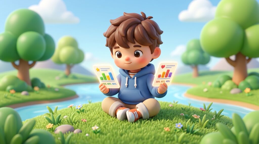 パーカーを着た男の子が草の丘に座り、グラフが表示された2枚のカードを並べて見比べているかわいい3Dイラスト