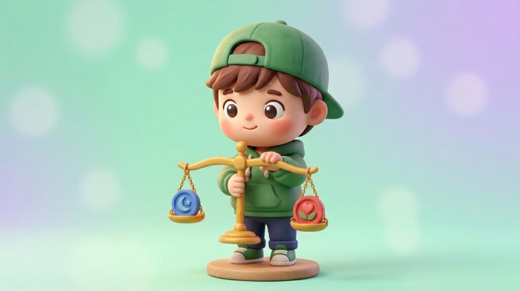 緑のパーカーと帽子をかぶった男の子が、青いコインと赤いコインが乗った天秤を手に考えているかわいい3Dイラスト