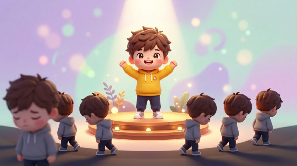 黄色いパーカーの男の子がスポットライトの当たる小さなステージの上で自信満々に立ち、ステージ下の薄暗い影の中ではグレーのパーカーを着た複数の男の子たちが肩を落として立ち去っている、生存者バイアスを表現したかわいい3Dイラスト