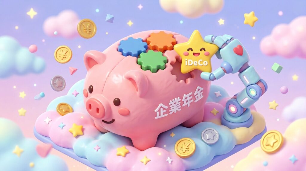 企業年金とiDeCoのパズルを完成させる可愛い3D貯金箱のイラスト