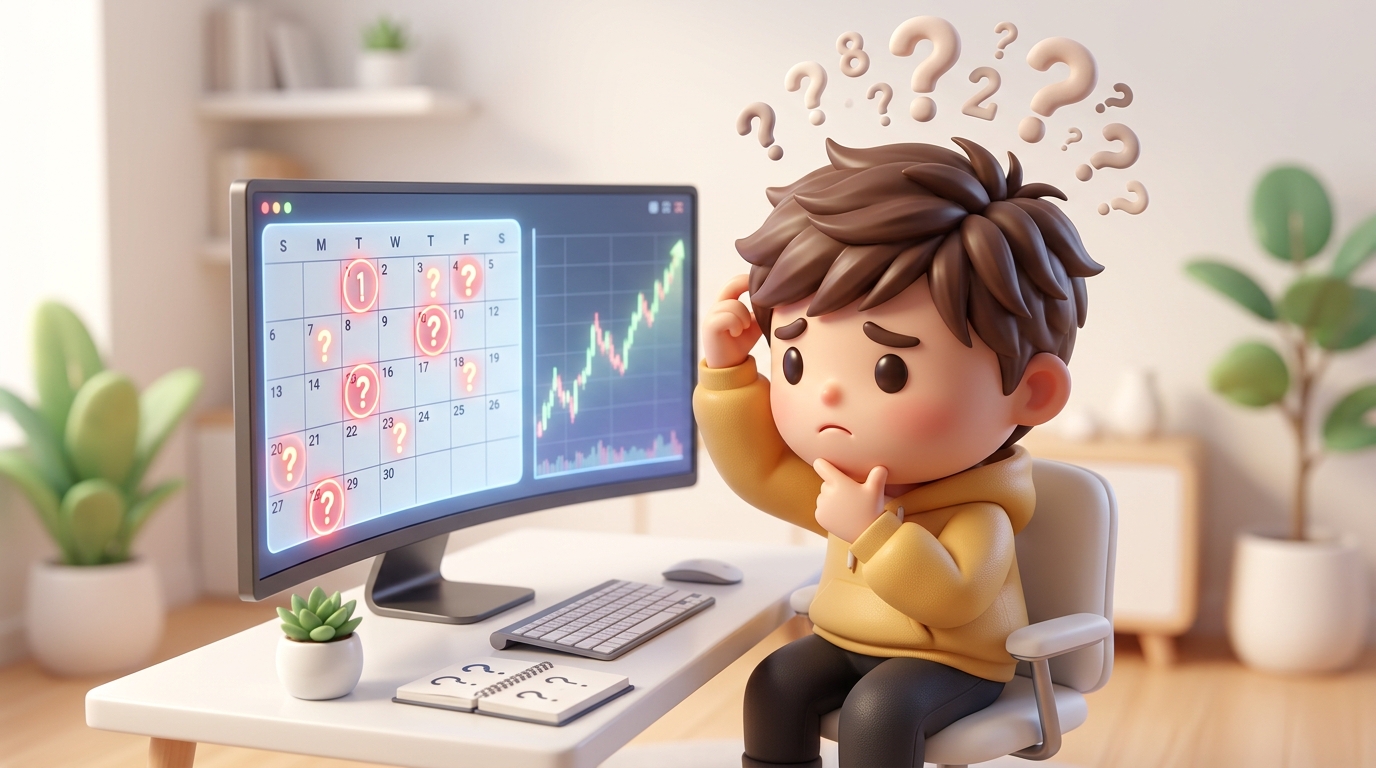 デスクで頭を抱えて悩む、黄色いパーカーを着たデフォルメされた3Dの男の子キャラクター。モニターに表示されたカレンダー上の日付や、頭上の考え事の吹き出しには多くの「？」が浮かび、積立設定日を決めかねている様子を描画。