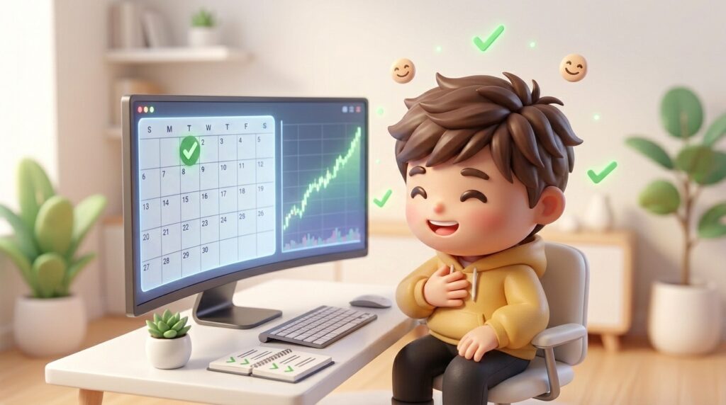 デスクでリラックスした表情を浮かべる、黄色いパーカーを着たデフォルメされた3Dの男の子キャラクター。モニターに表示されたカレンダーにはチェックマークが付き、頭上には多くの「？」に代わって笑顔のアイコンが浮かび、積立日の悩みから解放された様子を描画。