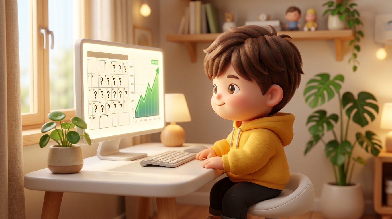 カレンダーと上昇する株価チャートが映るモニターを見ている、黄色いパーカーを着たちびキャラの3D男の子イラスト