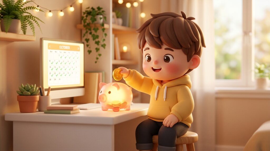 デスクの上の貯金箱にコインを入れながら笑顔の、黄色いパーカーを着たちびキャラの3D男の子イラスト。モニターには積立日にチェックマークがついたカレンダーが表示されている
