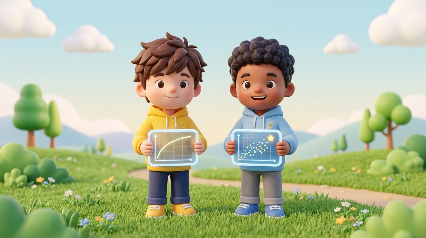 効率的フロンティアのグラフを手に持ちながら、シャープレシオの最大化を考えるキャラクターのイラスト。横軸にリスク・縦軸にリターンを示す散布図と資本市場線が描かれた画面を眺めている様子。
