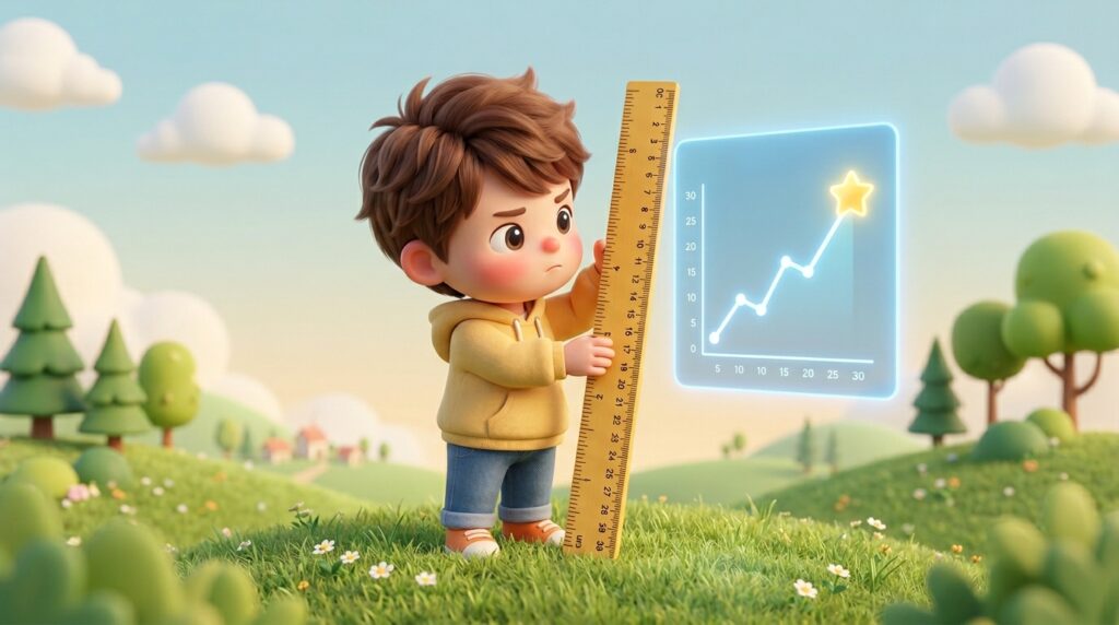 シャープレシオをものさしで測るキャラクターのイラスト。屋外の緑の丘の上で、黄色いパーカーを着た丸みのある3Dキャラクターが大きなものさしを手に持ち、隣に置かれた右肩上がりのグラフパネルを測っている様子。「評価のツールとして使う」という記事のメッセージを視覚的に表現している。