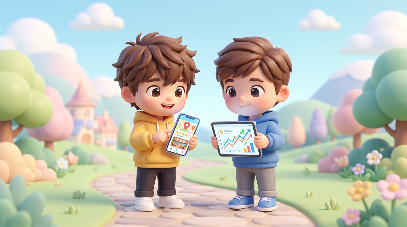 食べログの評価と投資の数字を比較する2人のキャラクター