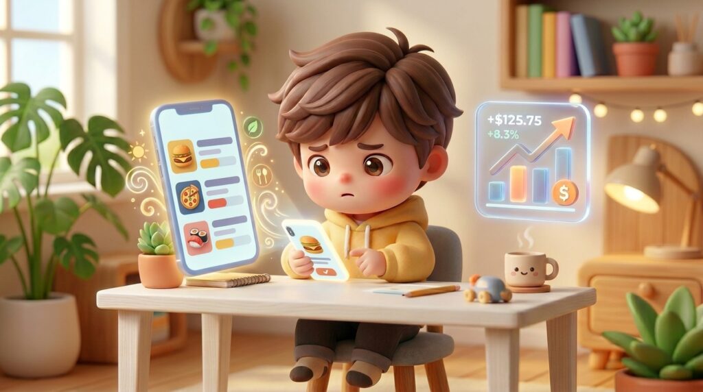 食べログの評価を見ながら投資チャートのアイコンを前に首をかしげる男の子のイラスト