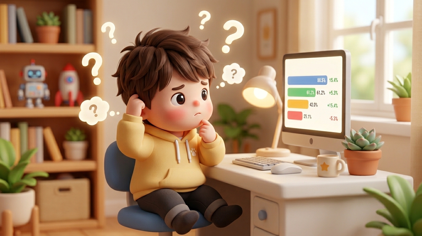リターンランキング表を見ながら考え込む男の子のイラスト