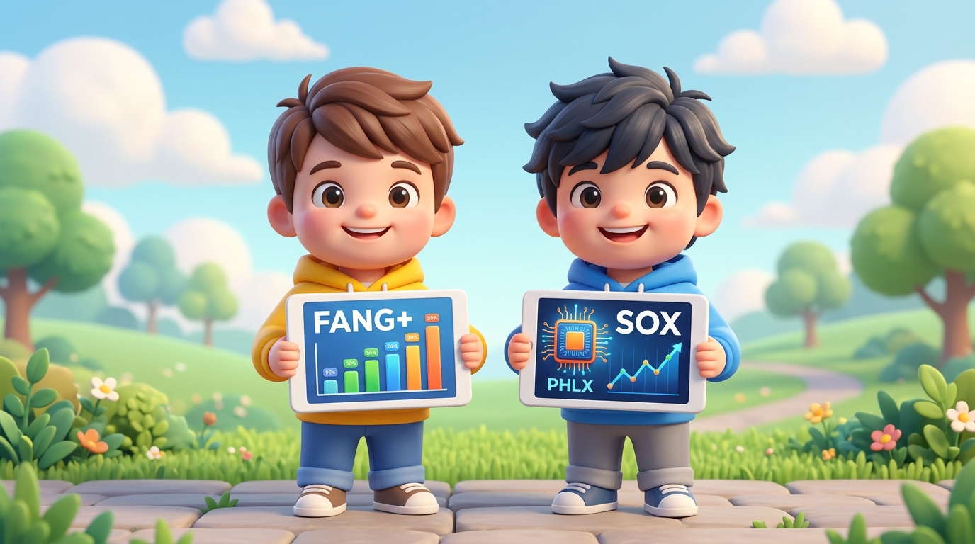 黄色パーカーと青パーカーの2人のキャラクターがそれぞれタブレットを持ち、FANG+とSOXのデータを比較している様子