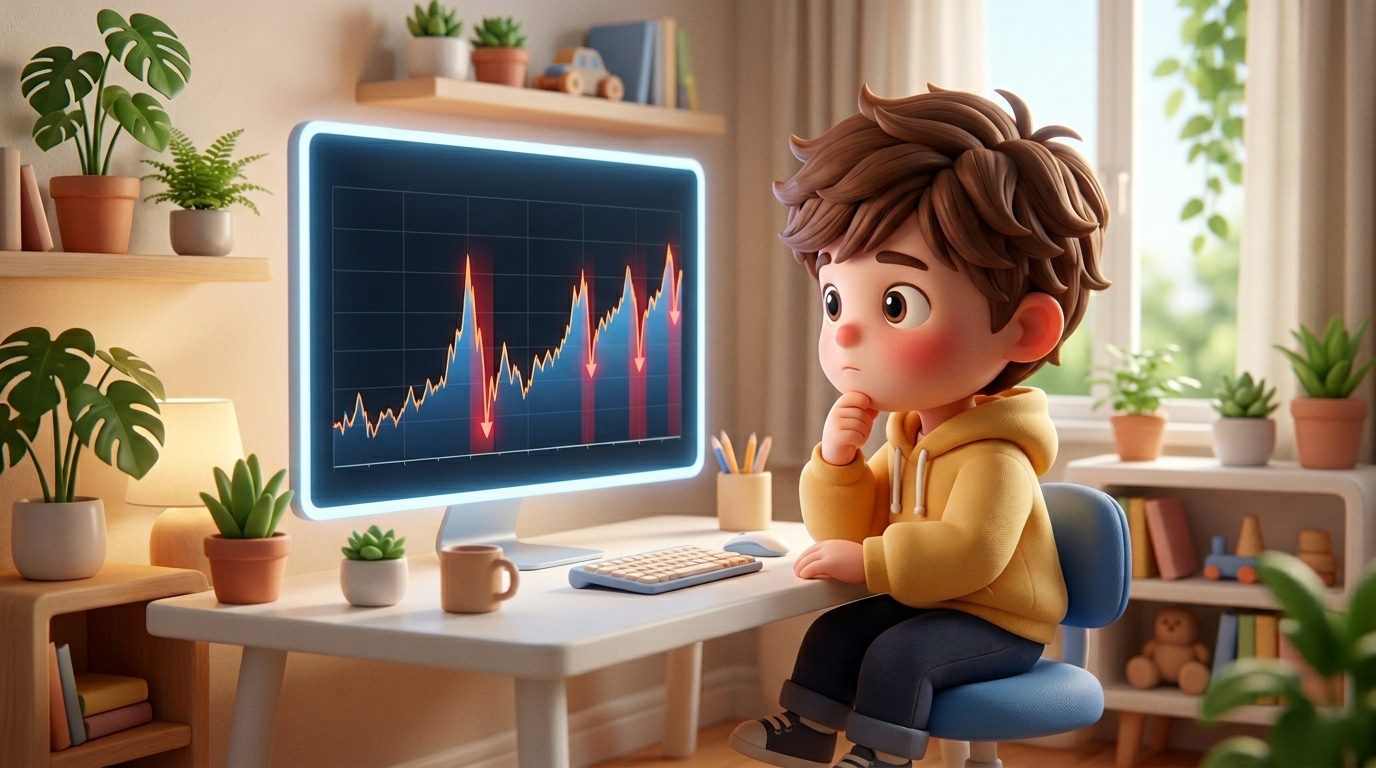 S&P500の150年チャートと保有期間別勝率グラフを見つめるキャラクター