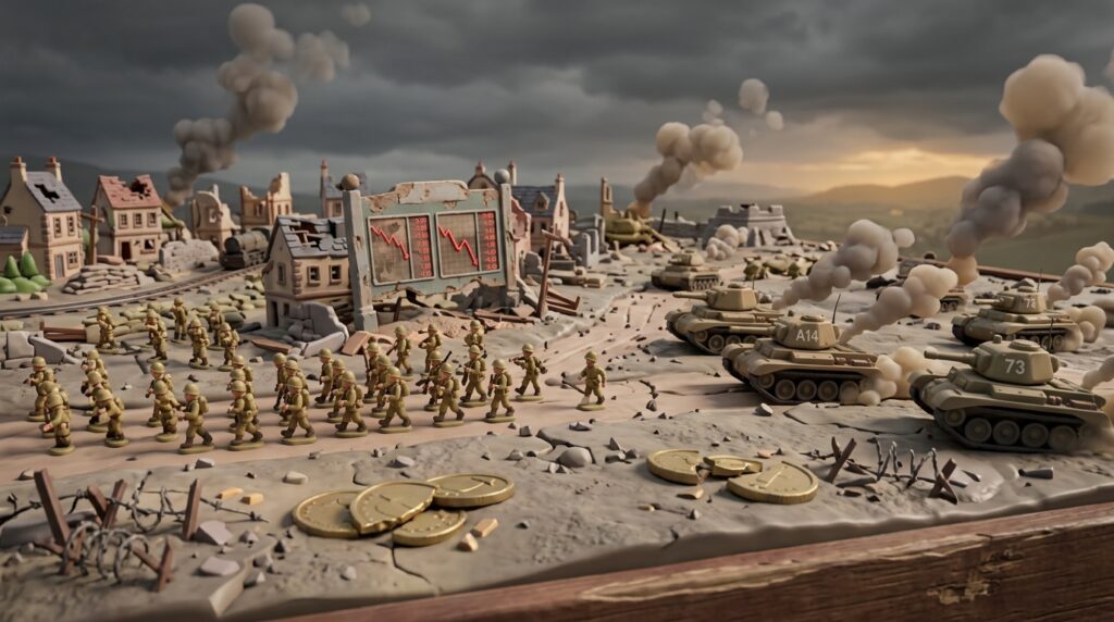 1930〜40年代の戦場をミニチュアジオラマ風に描いたイラスト。丸みのあるトイ調の兵士や戦車、崩れかけた株価ボード、地面に散らばった金貨が描かれ、暗い空の彼方にわずかな光が差し込んでいる