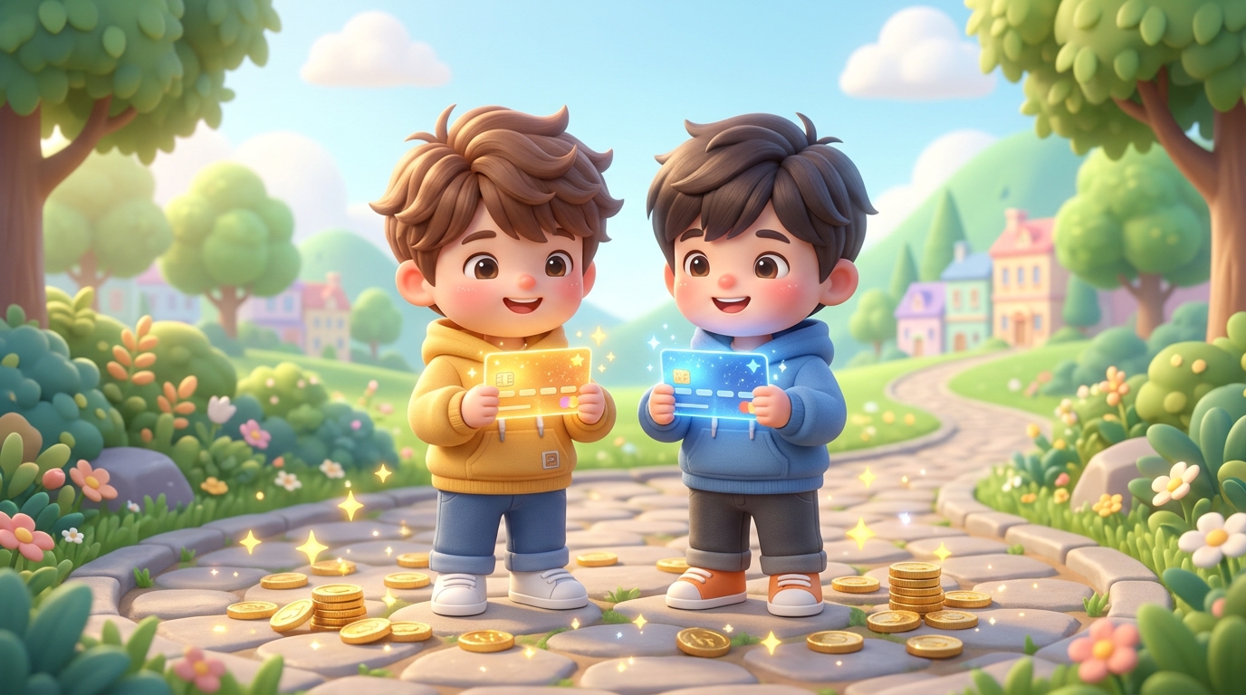 クレジットカードをそれぞれ手に持つ2人のキャラクターが並んで立つイラスト。クレカ積立のポイント比較をイメージしたアイキャッチ画像。