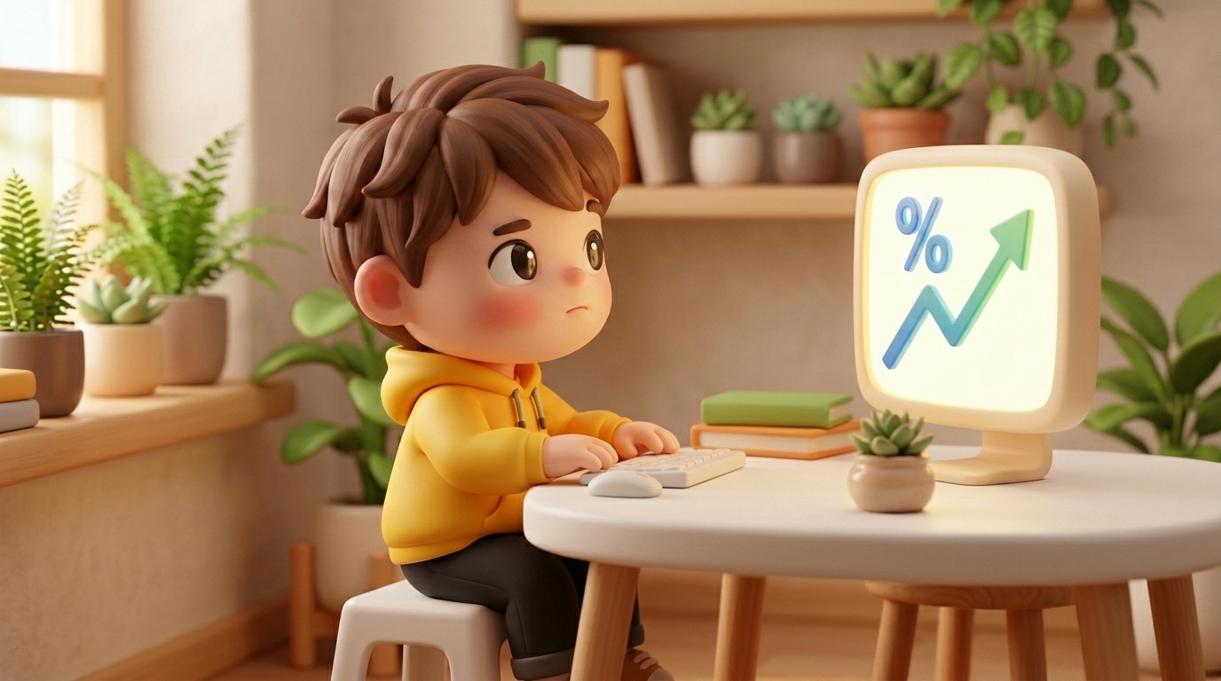 日銀の利上げのニュースを見て、グラフを前に考えている様子の黄色いパーカーの男の子のイラスト