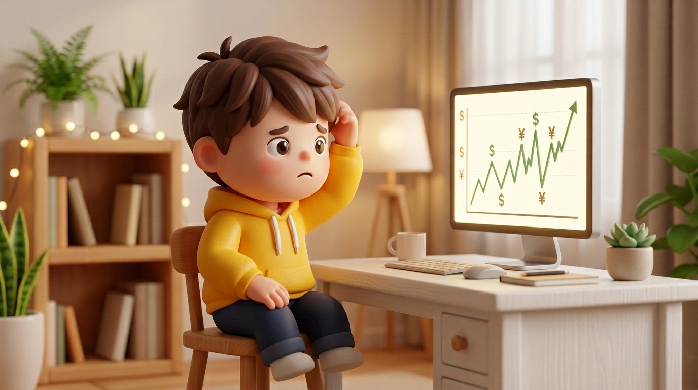 日銀の利上げ後にドル円が予想と逆方向（円安）に動くグラフを見て首をかしげる黄色いパーカーの男の子のイラスト