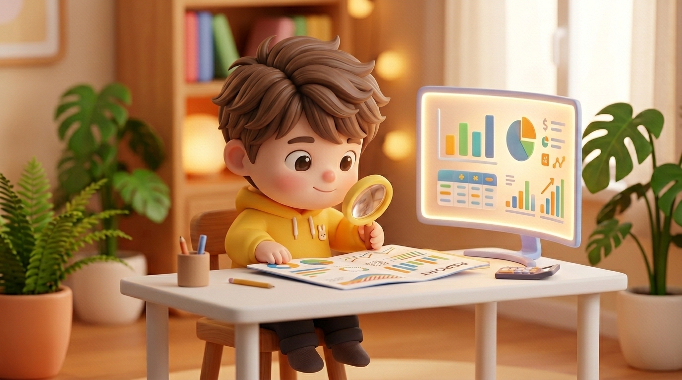 黄色いパーカーを着たちびキャラクターが、デスクに座って虫眼鏡で書類を調べている室内シーン。背後にはグラフが映るモニター