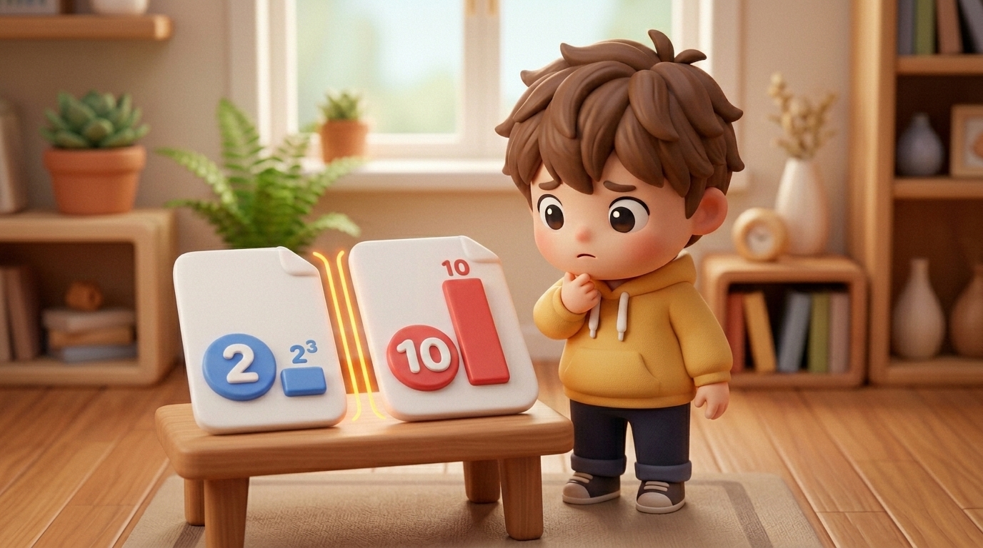 黄色いパーカーを着たちびキャラクターが、数字の異なる2枚の書類を見比べて首をかしげている室内シーン