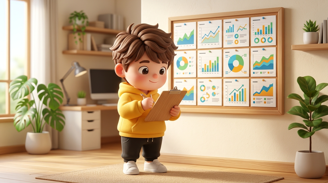 黄色いパーカーを着たちびキャラクターが、複数のグラフが並ぶ大きなボードの前でクリップボードを持ってチェックしている室内シーン