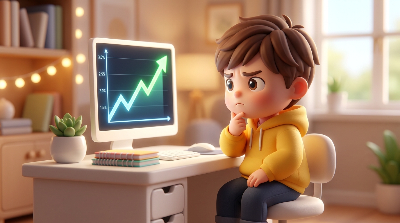 昇する金利のグラフを見て考え込む黄色いパーカーの男の子のイラスト