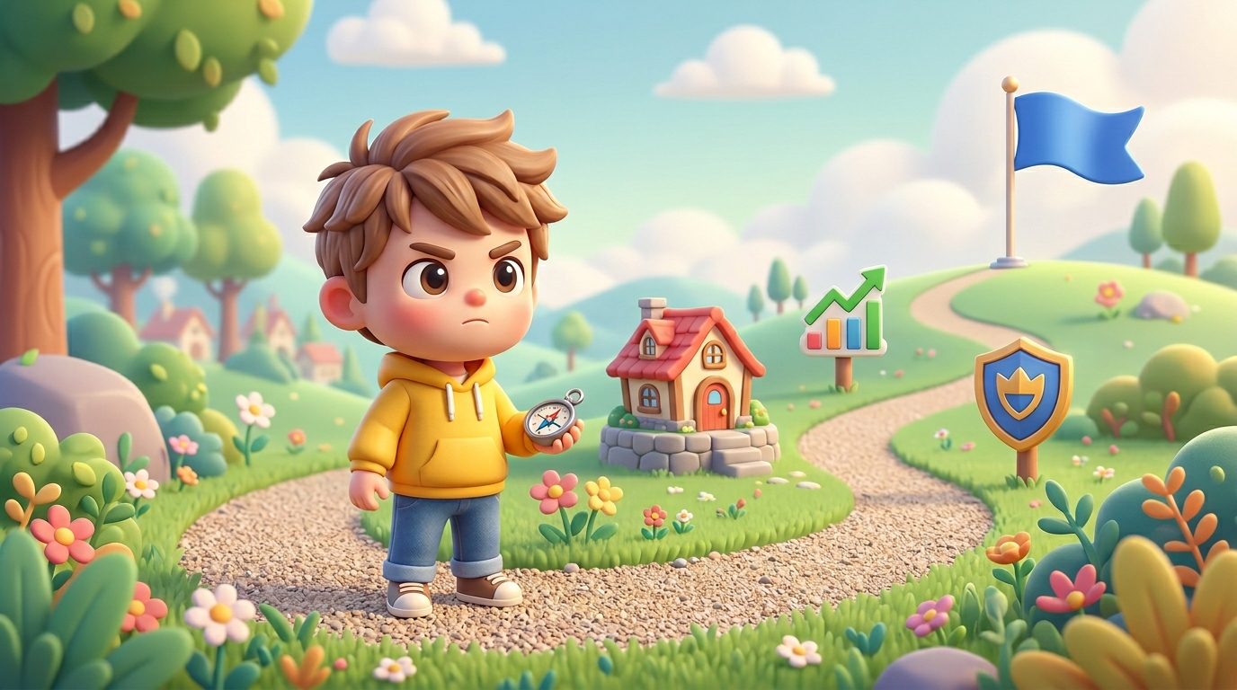 黄色いパーカーを着たチビキャラの男の子が、コンパスを片手に、家・上昇グラフ・盾・ゴール地点の旗が並ぶ一本道を見渡している様子。資産形成の最短ルートを描いたイラスト