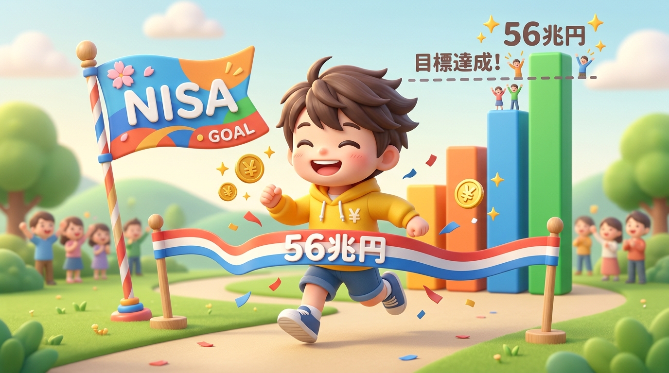 「56兆円」の目標テープを笑顔で駆け抜ける黄色いパーカーの男の子。背景では「NISA」と書かれた旗と、目標ラインを超えて伸びる棒グラフが描かれている。