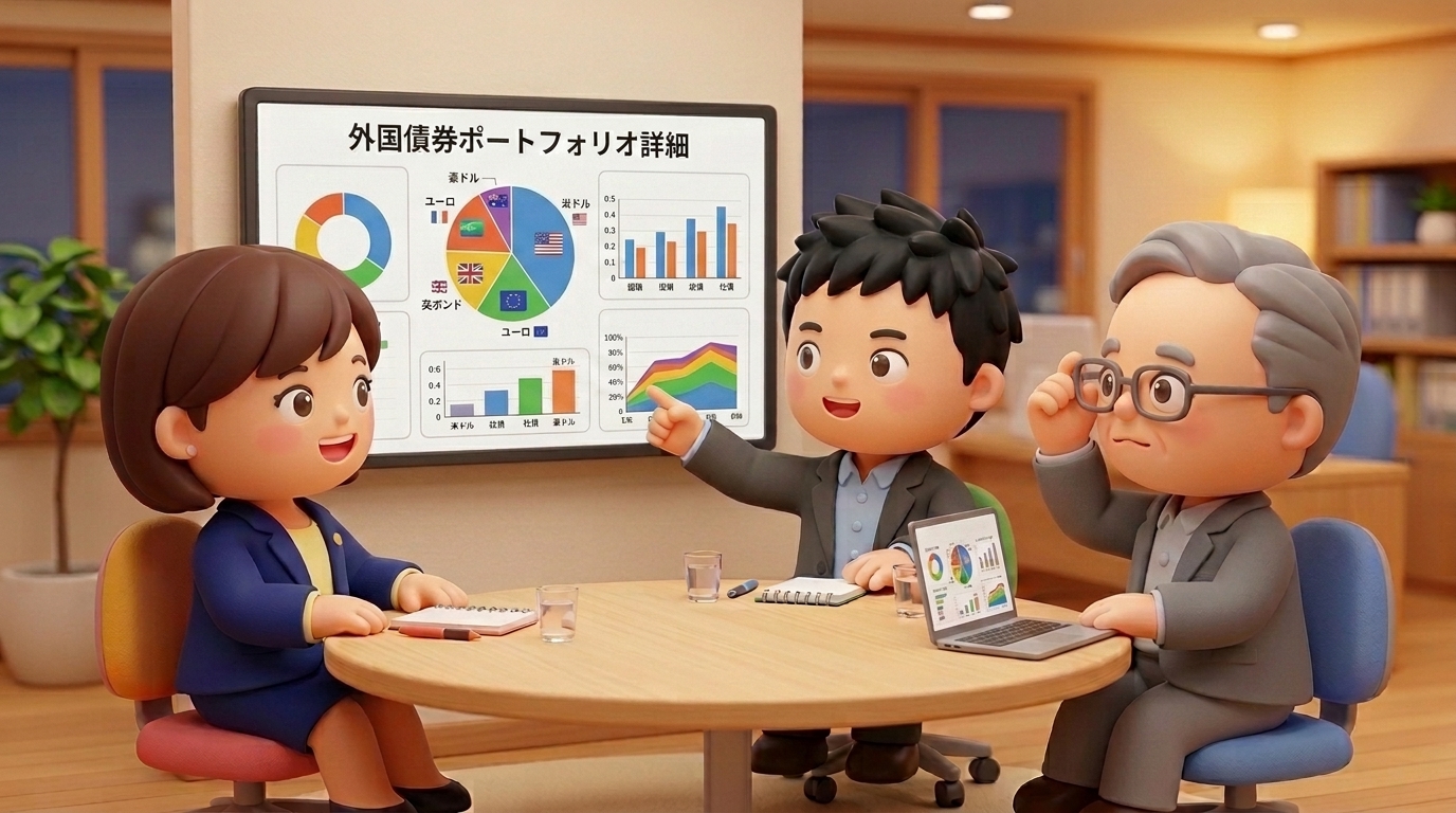 GPIFの職員が会議室でポートフォリオについて話し合っている様子のイラスト。モニターには資産配分が表示されている