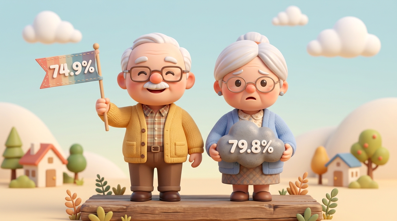 「74.9%」の旗を掲げるおじいちゃんと、「79.8%」と書かれた重そうな雲を抱えるおばあちゃんが並ぶ、ちびキャラクター風のイラスト（投資参加率と老後不安のギャップを表現）