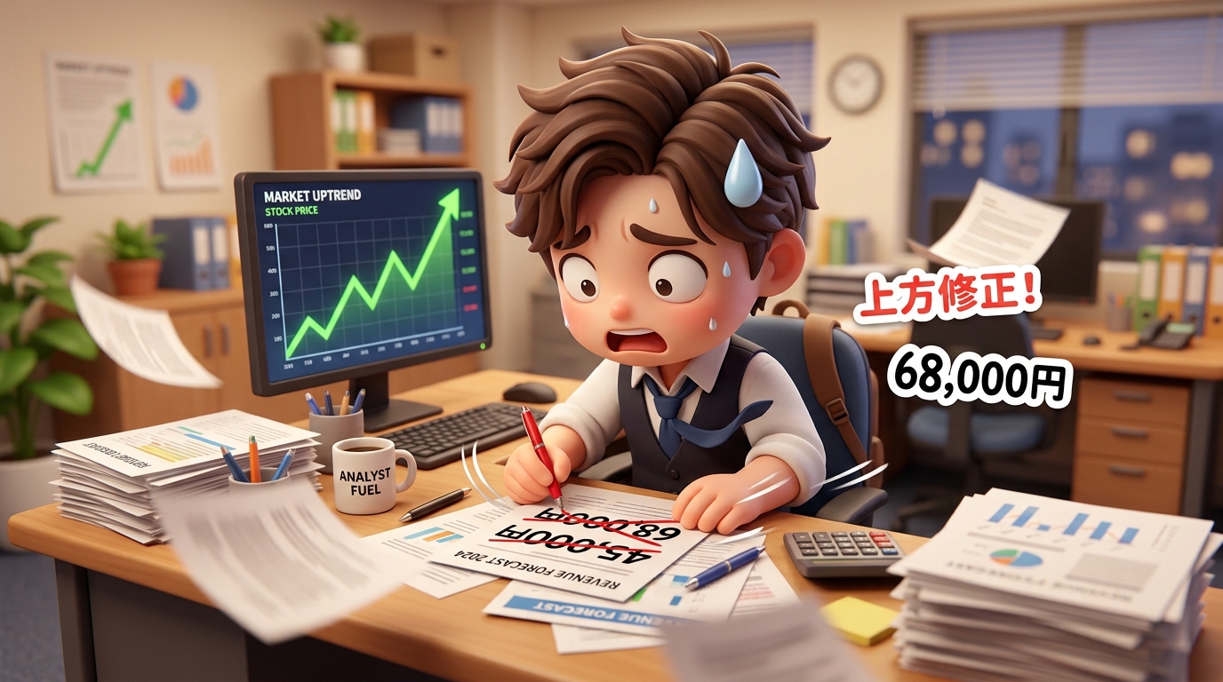 慌てた表情で「68,000円」のレポートを大慌てで書き直す証券アナリストのちびキャラクターのイラスト。散らばる書類と、右肩上がりのグラフを映すモニターが背景にある