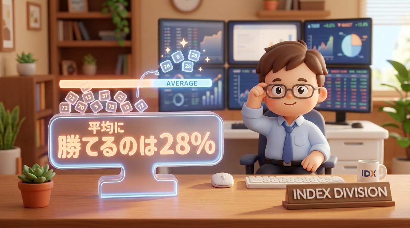 S&P500インデックス算出担当のビジネスマンが、大きな3Dプレート型パネルに刻まれた『平均に勝てるのは28%』の文字を披露するイラスト。背景にはティッカー画面や、平均バーを飛び越える立方体のジオラマが描かれている。