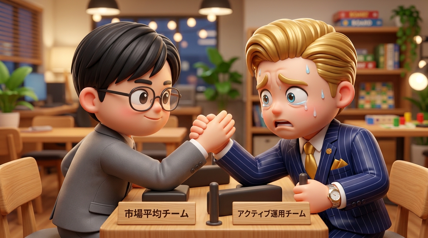 腕相撲で、金髪で華やかな装いの「アクティブ運用チーム」のビジネスマンを、地味な「市場平均チーム」のサラリーマンが打ち負かす様子を描いた、SPIVAデータでアクティブ運用とインデックス投資の勝率を検証する記事のアイキャッチ画像