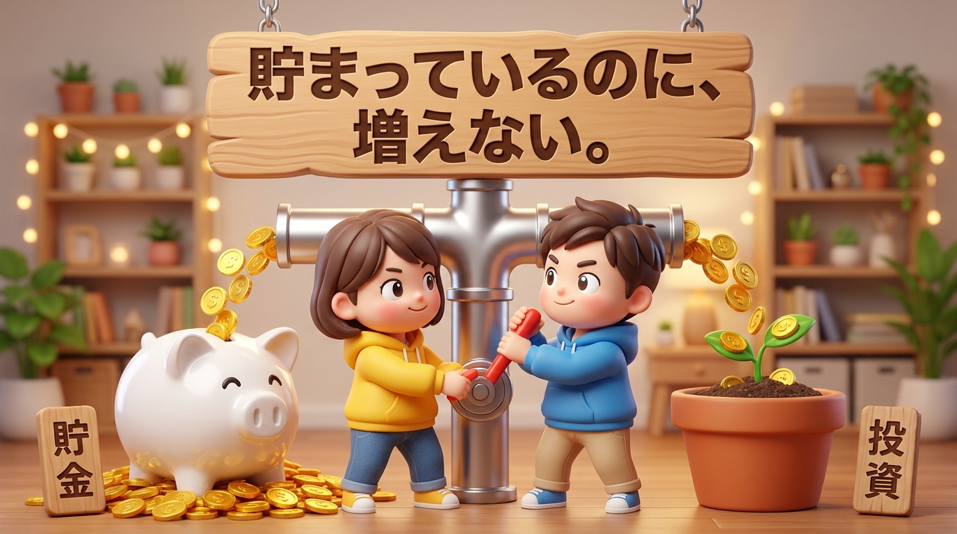 「貯まっているのに、増えない。」と大きく書かれた木の看板が掲げられた3Dイラスト。黄色いパーカーと青いパーカーを着た若い夫婦が一緒にレバーを引き、コインの流れを分岐させている。流れの片側は「貯金」と書かれた札の立つ満杯の貯金箱へ、もう片側は「投資」と書かれた札の立つ芽の出た鉢へ注いでいる