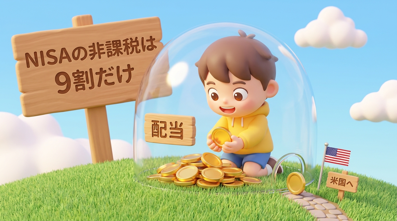 「NISA」と書かれた透明なドームの中で配当の金貨を集める黄色いパーカーの男の子と、ドームの底からこぼれて米国側へ転がり出ていく金貨1枚を描いたイラスト