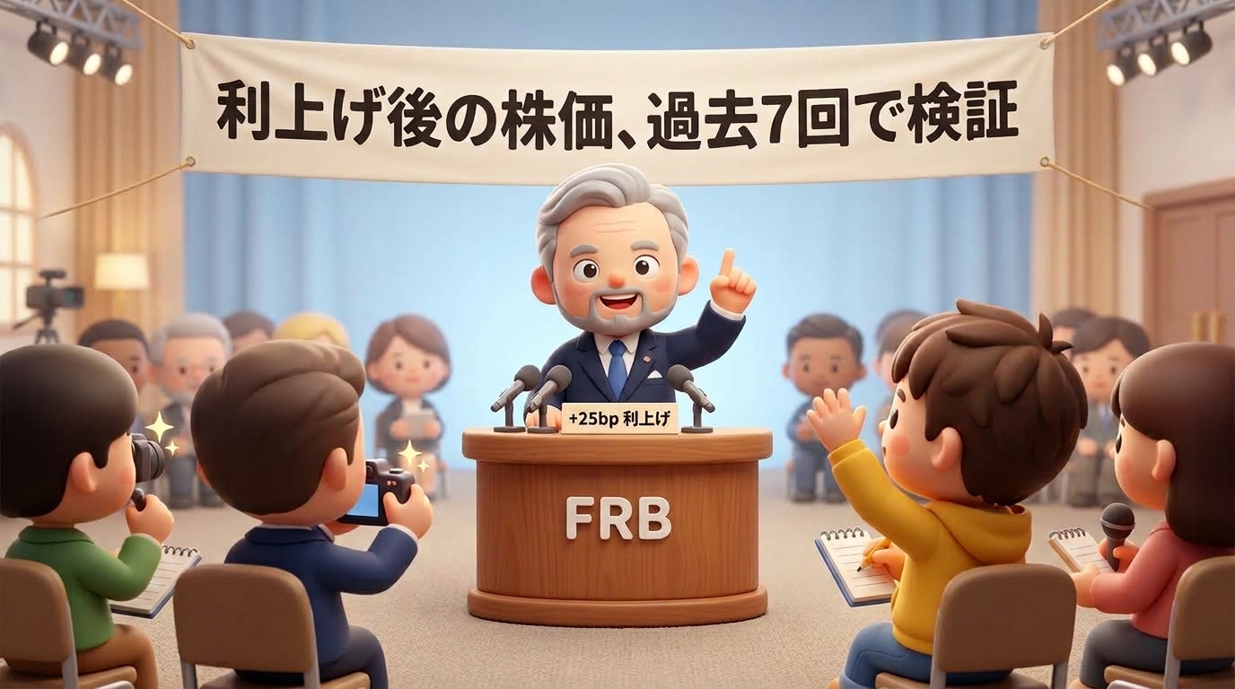 記者会見で利上げを発表する中央銀行の議長のキャラクターと、質問しようと手を挙げる黄色いパーカーの男の子。背景の横断幕に「利上げ後の株価、過去7回で検証」の文字