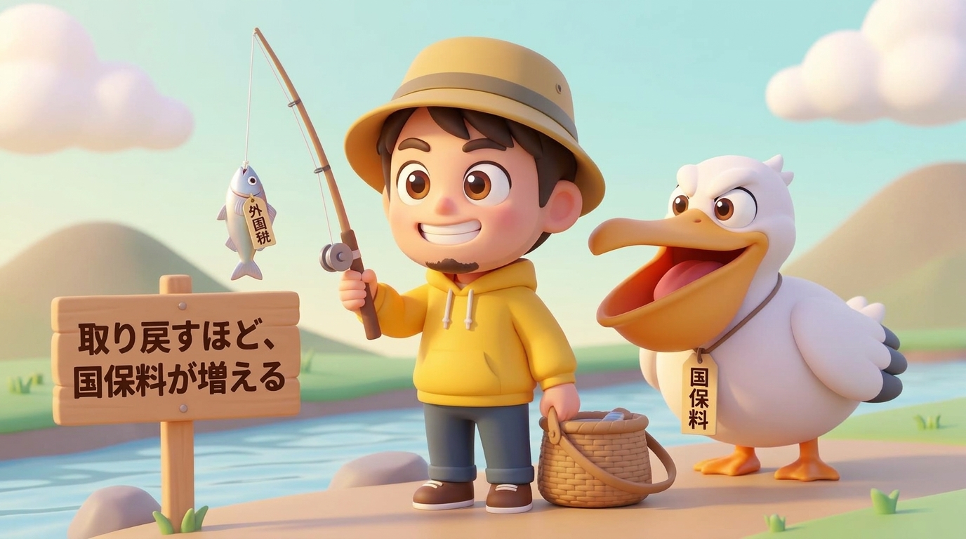 黄色いパーカーの男性が「外国税」の小魚を釣り上げて喜ぶ横で、「国保料」の札を下げたペリカンが大きな口を開けて狙っているイラスト