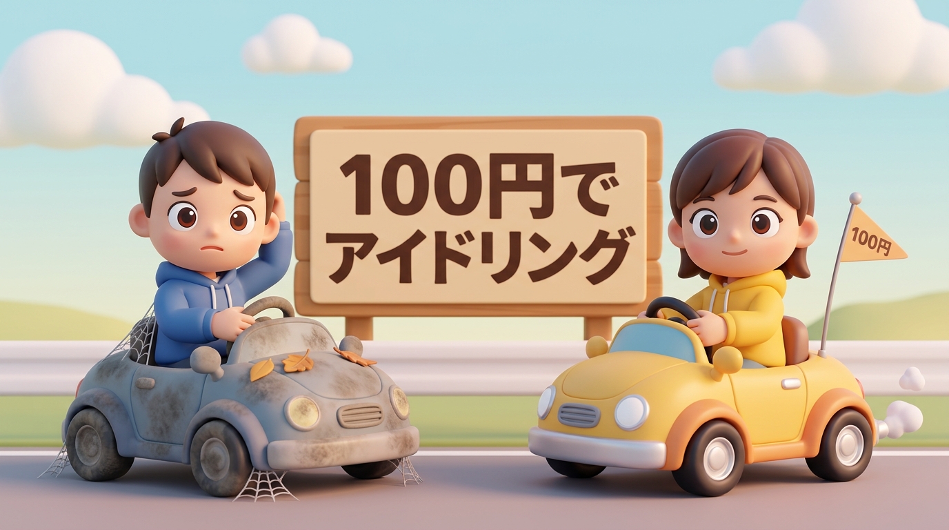 埃をかぶってエンジンが止まった車で頭を抱える青いパーカーの人物と、「100円」の旗を付けてアイドリングする黄色い車に乗る黄色いパーカーの人物が並び、背後に「100円でアイドリング」と書かれた木の看板が立つイラスト