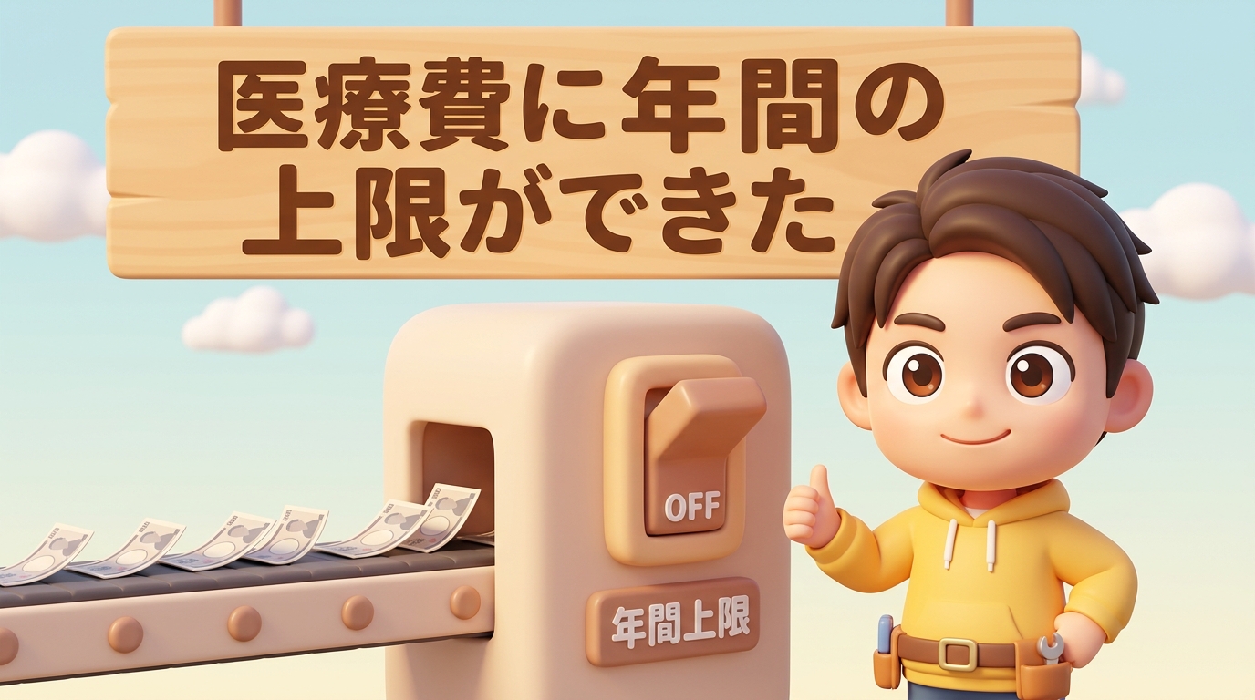 黄色いパーカーの若い男性が親指を立て、横では「年間上限」と書かれたブレーカーがOFFになり、お札を運ぶベルトコンベアが止まっている。看板に「医療費に年間の上限ができた」の文字